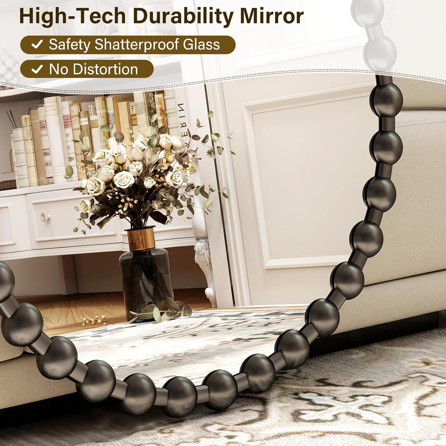 36 Inch Black Round Mirror for Wall, Modern Circle Mirror with Decorative Beaded Frame, High-Definition Vanity Mirror for Bathroom, Living Room, Bedroom, Entryway