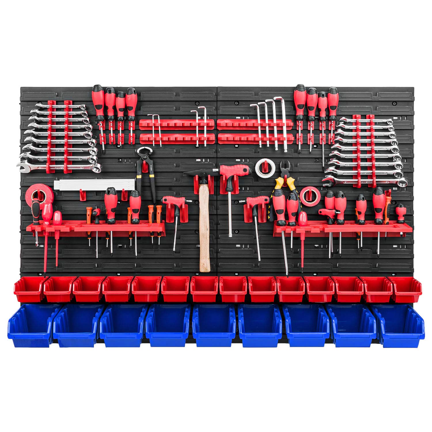 Werkzeugwand Stapelboxen - 1152 x 780 mm - Lagersystem SET Werkzeughaltern und 23 Rot/Blau Boxen - Wandregal Werkstattregal Lochwand Schüttenregal Sichtlagerkästen