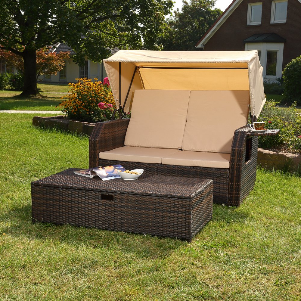Melko Sonnenbett/Strandkorb/Lounge aus Polyrattan, Braun, inkl. klappbaren Seitentisch +verstellerbarer Rückenlehne + Faltbare Sonnenschutzdach