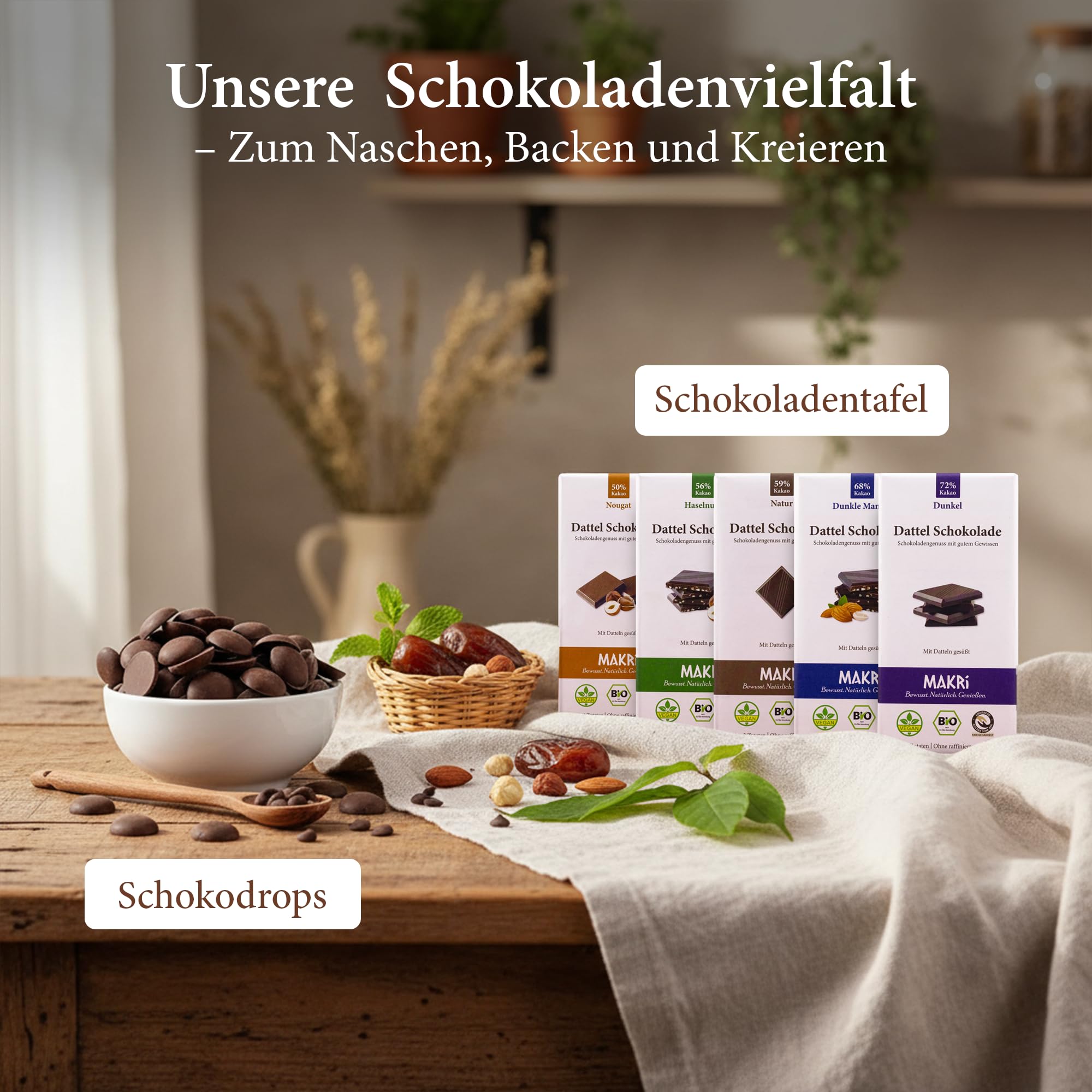 Makri Dattelschokolade Schokodrops 59% Kakao Vegan Bio Fair gehandelt ohne raffinierten Zucker 1 kg
