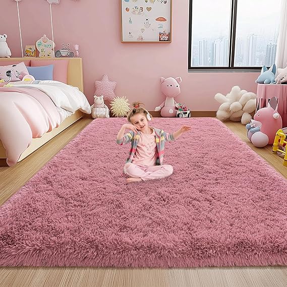Fluffy Blush Pink Area Rug for Bedroom, 5x7 Soft Fuzzy Shag Rug for Living Room, Thick Comfy Throw Plush Rug for Girls Kids Room, Non-Slip Modern Indoor Shaggy Floor Carpet for Nursery Dorm Home Decor