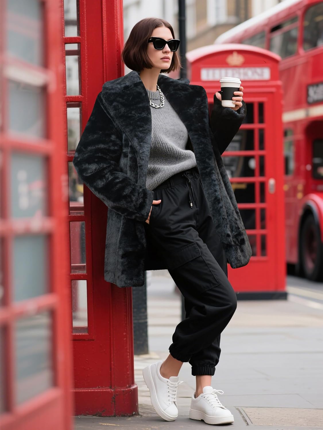 Womens Long Faux Fur Coats Lapel Faux fur Jacket Fluffy Coats Fuzzy Winter Jacket with Pockets - Image 3