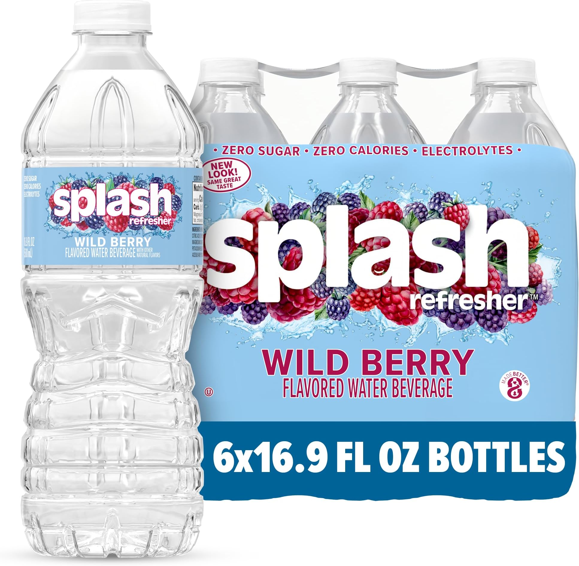 SPLASH REFRESHER Flavored Water Bottles, Wild Berry Flavor - 6-Pack, 16.9 Fl Oz - Refreshing Flavored Bottled Water with Electrolytes - Zero Sugar & Zero Calories