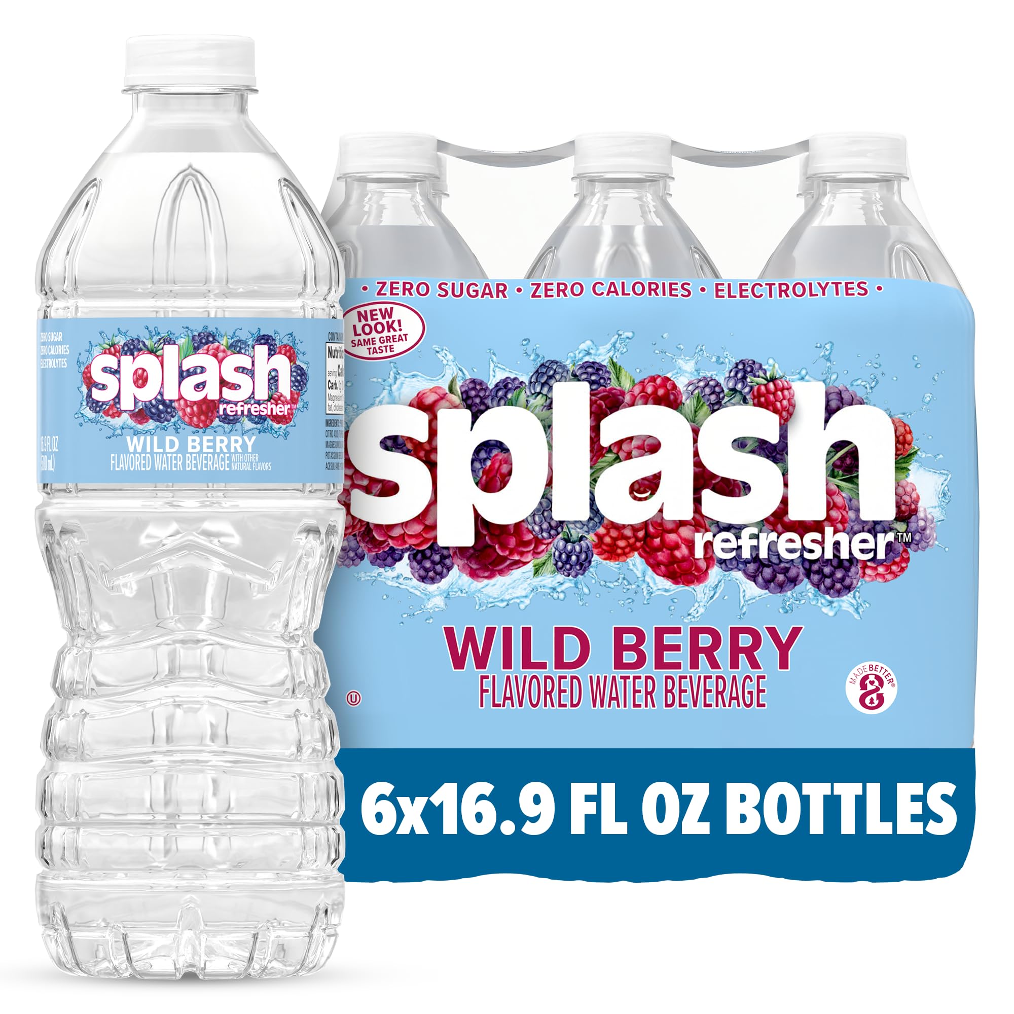 Splash Refresher Flavored Water Bottles, Wild Berry Flavor - 6-Pack, 16.9 Fl Oz - Refreshing Flavored Bottled Water with Electrolytes - Zero Sugar & Zero Calories