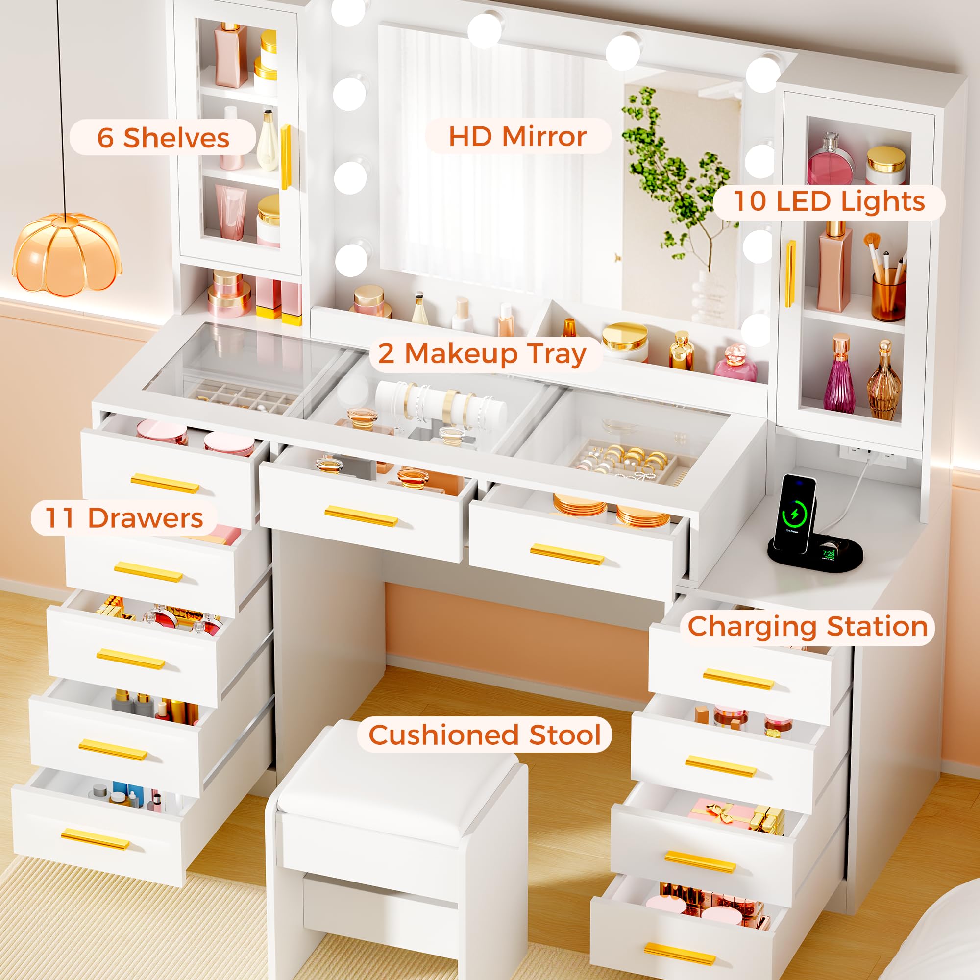 YUNSCEND 53.15' Large Glass Top Vanity Desk with Mirror and Lights, White — product photo