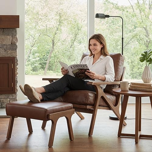 Miniatura 23 de Silla decorativa moderna de mediados de siglo con otomana, juego de sillón tapizado de lino de granja y otomano, silla de descanso retro de 23