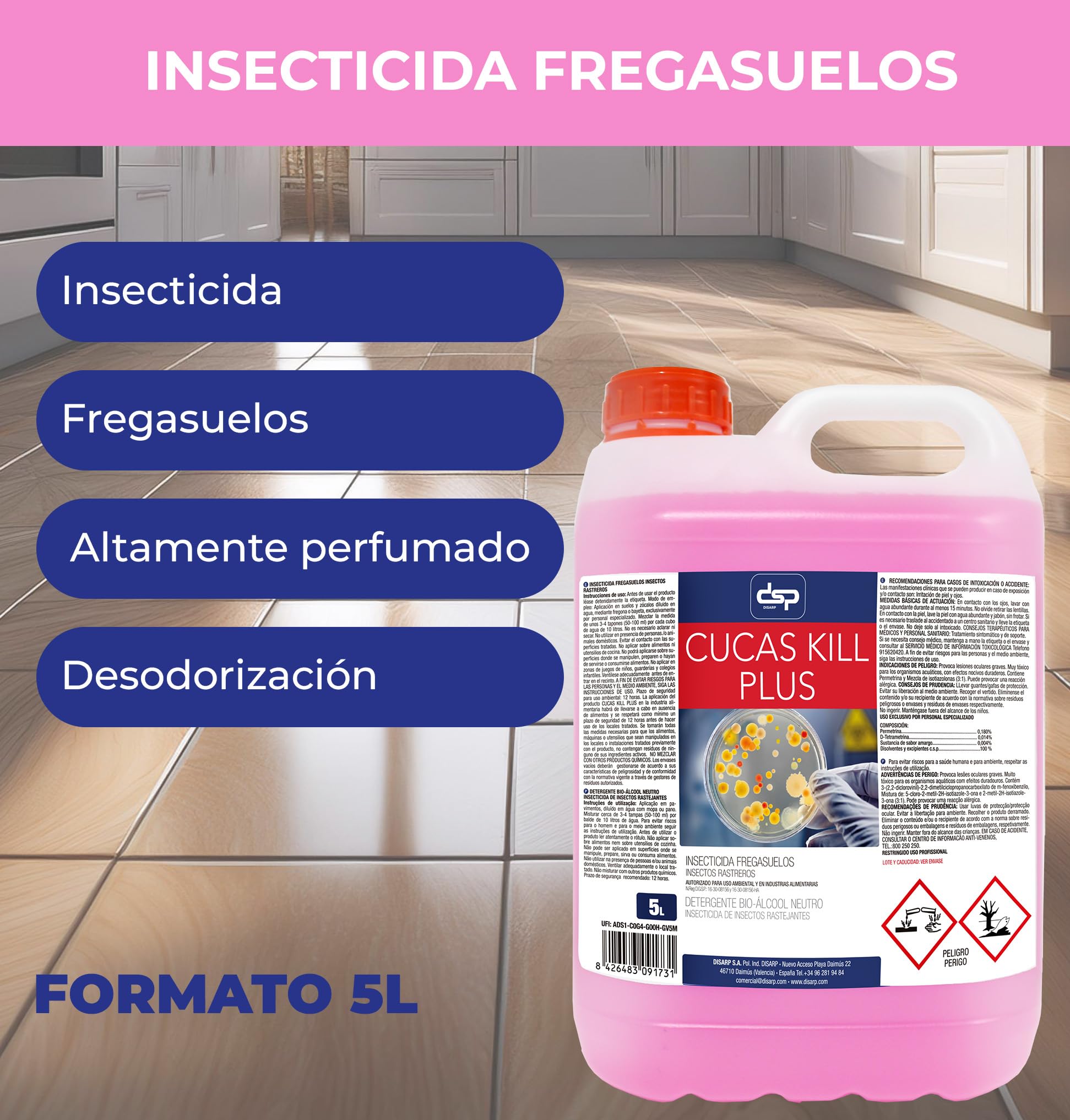 CUCAS KILL Insecticida Fregasuelos, Elimina Hormigas, Cucarachas y Arañas, Efecto Preventivo 15 Días, Aroma Neutro, 5 Litros