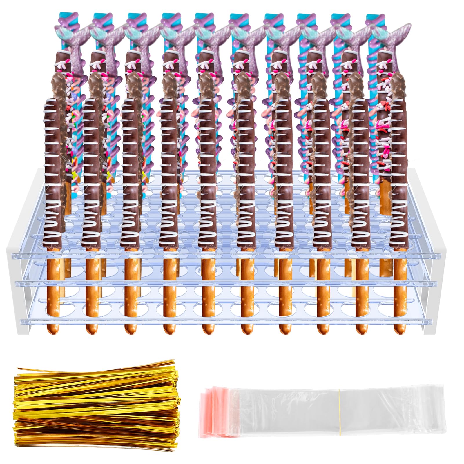 FALESOUL Pretzel Rod Holder Set, Plastic Pretzel Rod Stand Holders Up to 50, with 100 Bags and Ties for Christmas Wedding Birthday Treat Parties,