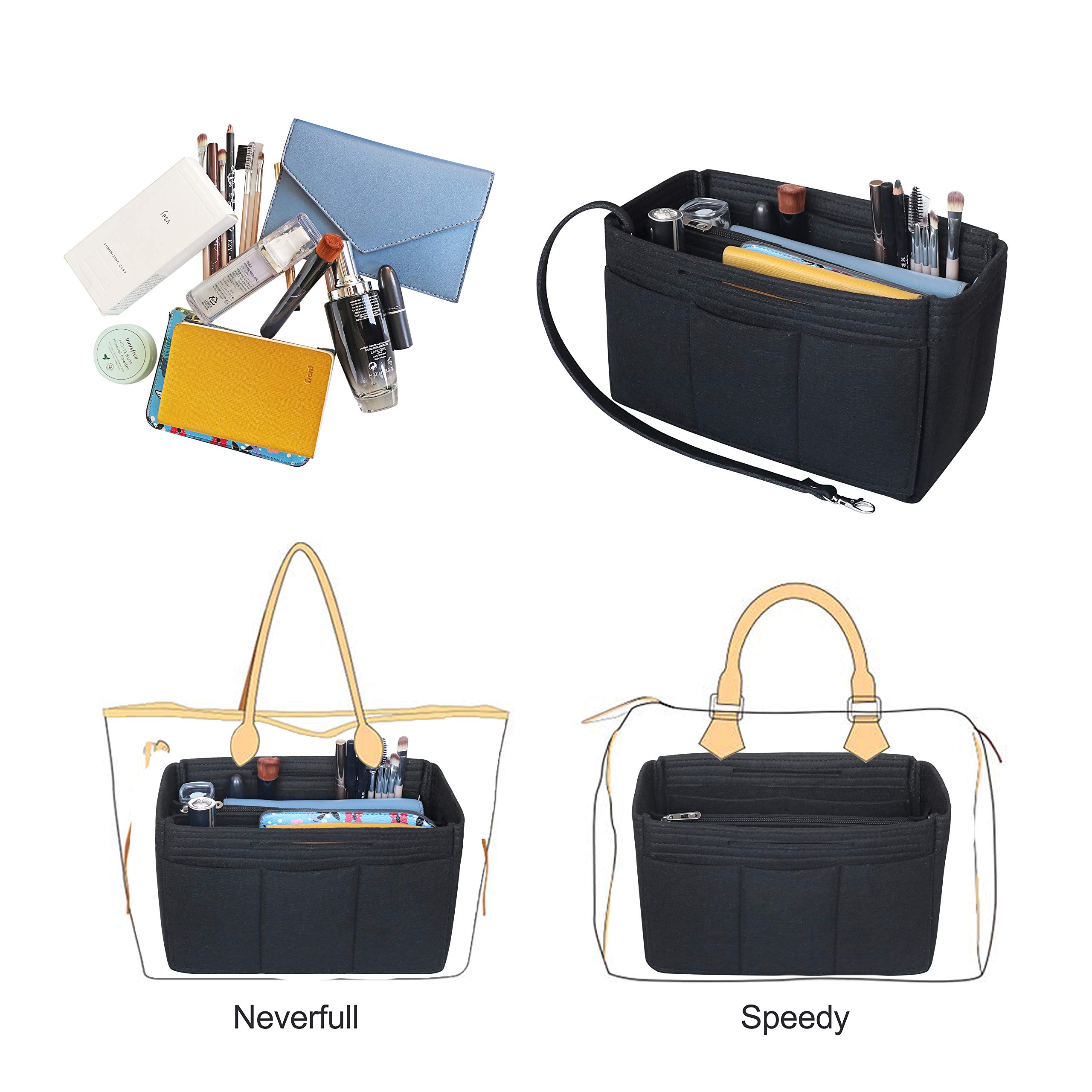 Felt Tote Handbag Purse Organizer 2in1 Borsa Tote Insert Bag in borsa Borsa fodera Borsa per organizer Tote Organizer (Nero, Medio)