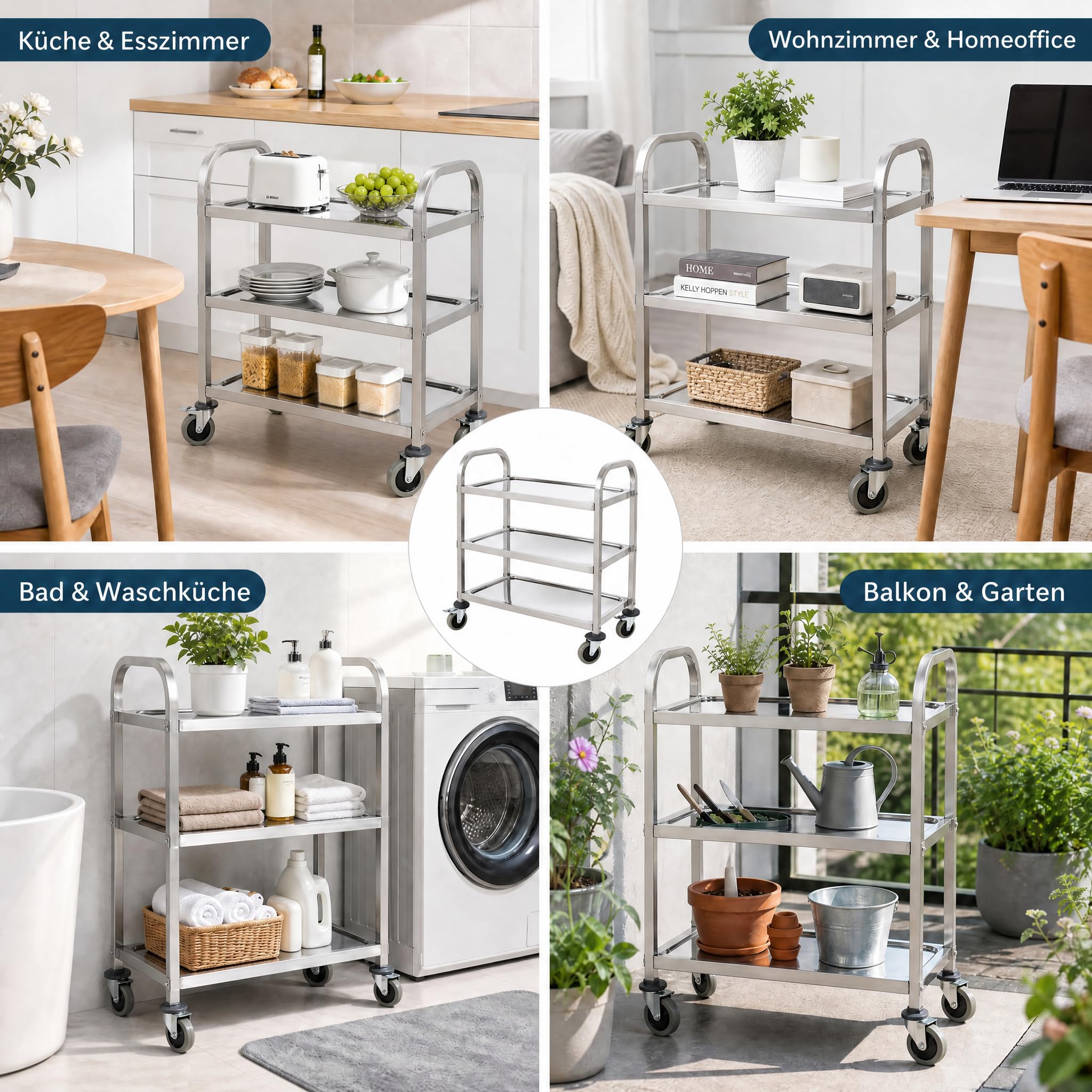 3-stufiger Edelstahl-Servierwagen mit Rollen & Bremsen (72 x 40 x 82 cm) – Robuster Transportwagen für Gastro, Labor, Salon, Küche