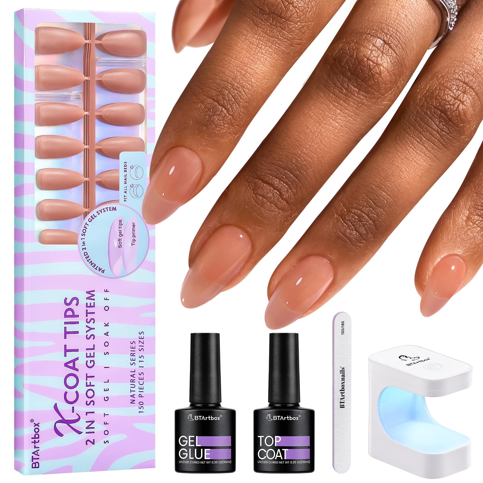 Almond Nail Tips - Brown Soft Gel Nail Kit with 150 pcs Medium Fake Nails, Gel Nail Glue, Top Coat, Nail Lamp, Pre-colored Press on Nails for Nail Art