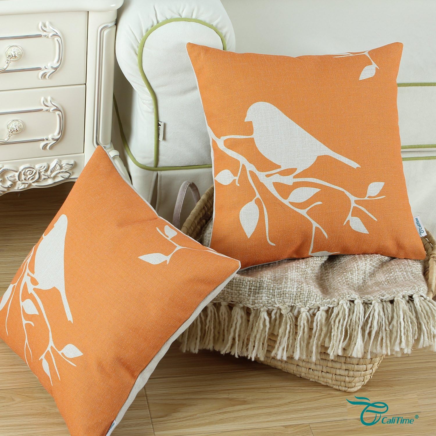 CaliTime Canvas Throw Pillow Cover Case for Couch Sofa Home Decoration Cute Bird Tree Branches Silhouette 18 X 18 Inches Bright Orange