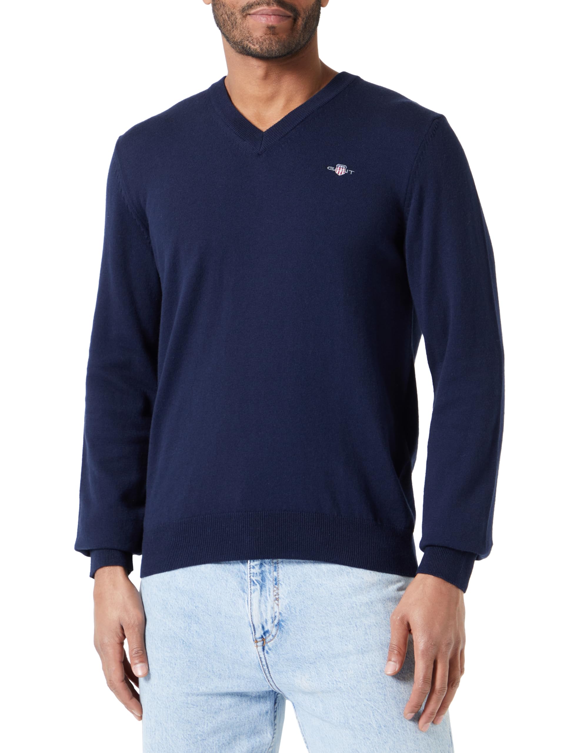 Gant Men's Blue Classic Cotton V-Neck Jumper - 433 Evening - 433 Evening - S