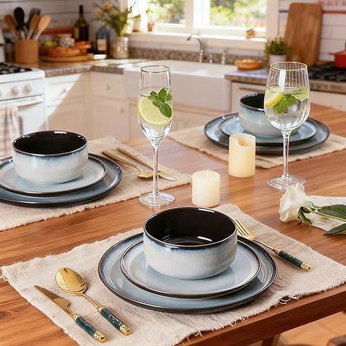 Miniatura 7 de LeRATIO Juego de 4 vajilla de cerámica, platos Poreclain, cuencos, platos esmaltados reactivos hechos a mano, resistentes a las astillas, aptos para