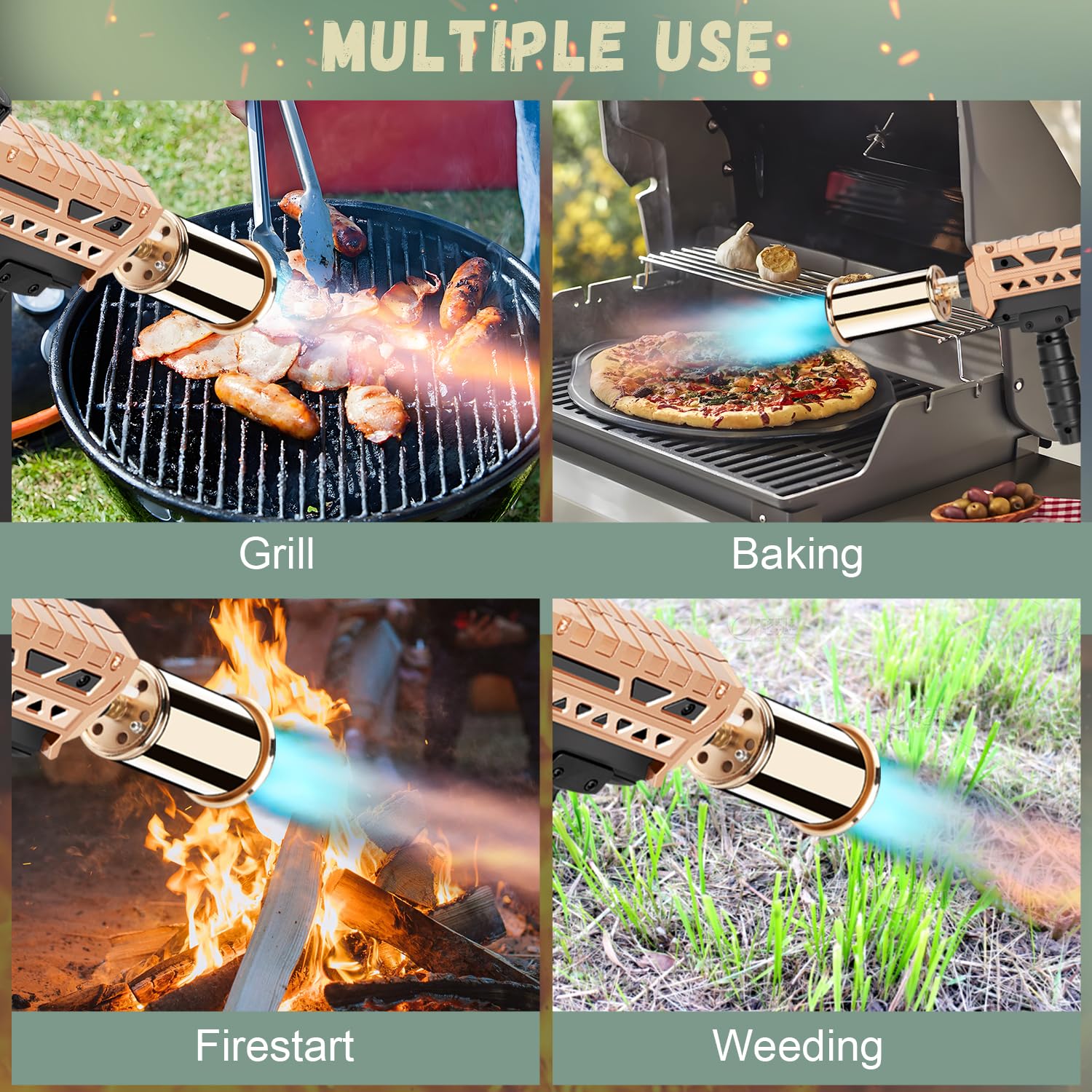 Potente pistola de propano, antorcha de cocina con llama ajustable, soplete de soplete para barbacoa, fogata, filete abrasador, camping (tanque de propano no incluido) (dorado)