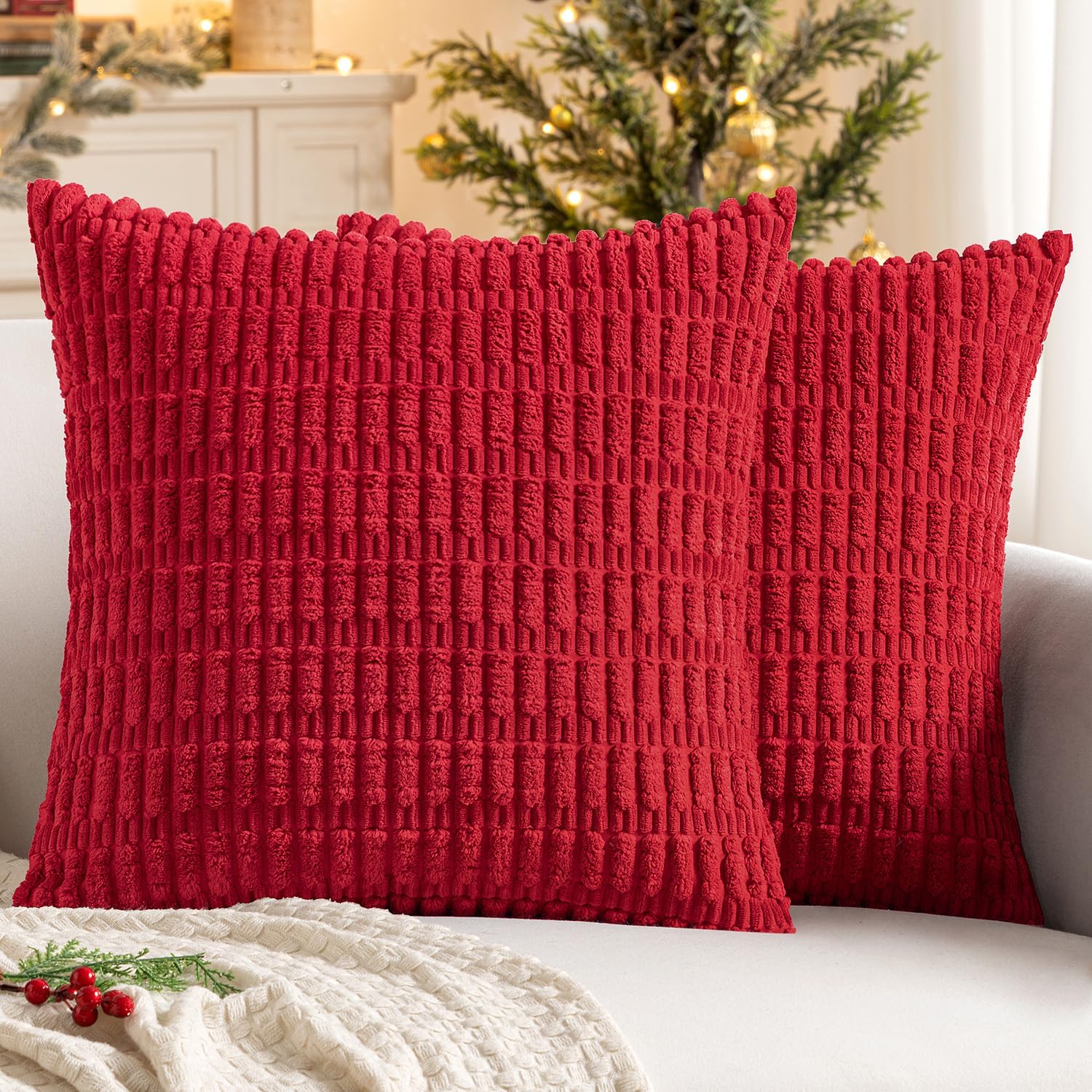 MIULEE Pack of 2 Christmas Red Corduroy Decorative Euro Sham Pillow Covers 24x24 Inch Soft Boho Striped Throw Pillow Covers Modern Farmhouse Home Decor for Sofa Living Room Couch Bed 24" x 24" (Pack of 2) Red 2