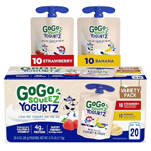 GoGo squeeZ YogurtZ - Paquete variado de fresa plátano 3 onzas 20 bolsas Snacks para niños aptos para despensa hechos de yogur y frutas reales no