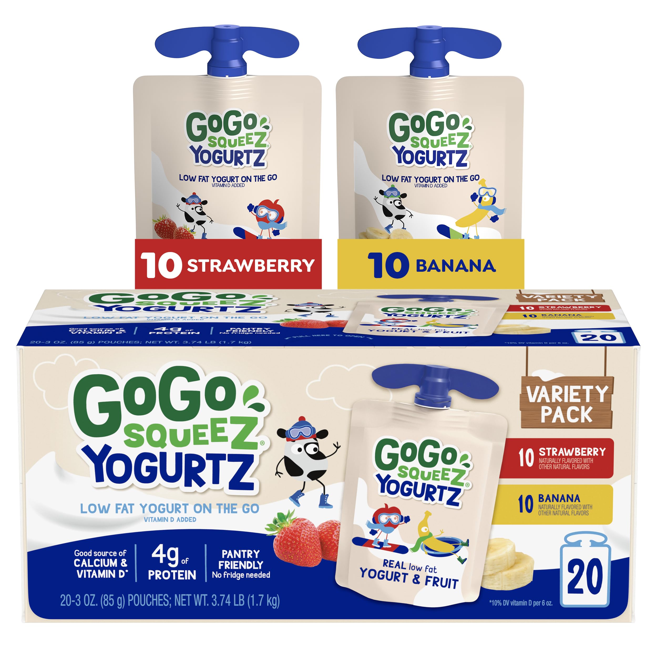 GoGo squeeZ yogurtZ Variety Pack, Strawberry & Banana, 3 oz (Pack of 20), Kids Snacks Made from Real Yogurt and Fruit, No Fridge Needed, Gluten Free, Nut Free, Recloseable Cap, BPA Free Pouches
