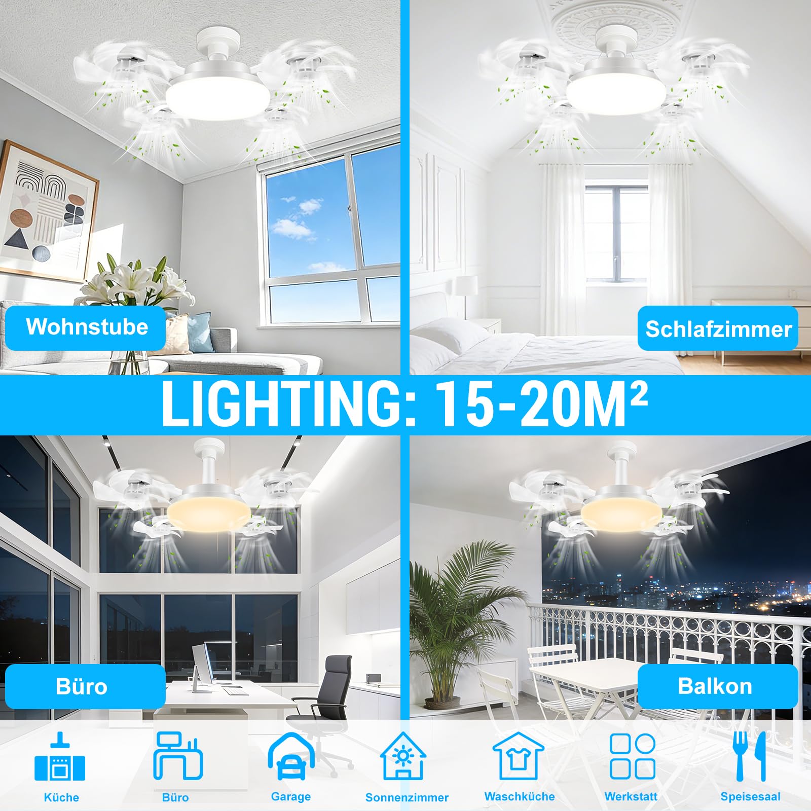 Deckenventilator mit Beleuchtung, 50CM Faltbarer Lampe mit Ventilator, Timer- und Speicherfunktion, Leiser LED Deckenleuchte mit Ventilator und Fernbedienung, 3 Windstufen & 3 Farbtemperatur