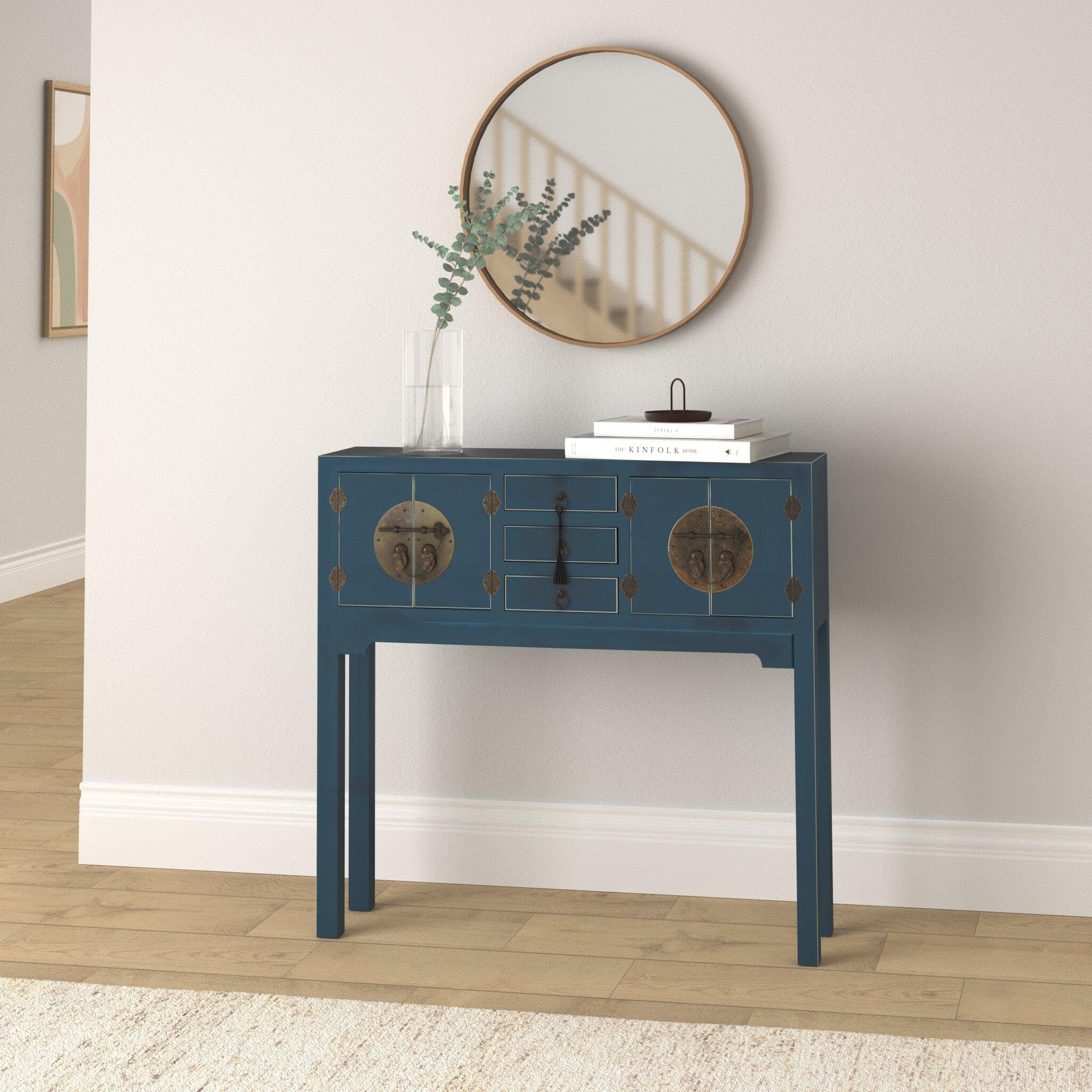 Consola oriental de madera azul con 3 cajones y 4 puertas de 90x95x26 cm | Diseño rústico artesanal con cierres de imán. Decora el recibidor o salón aportando personalidad y mucho almacenaje.