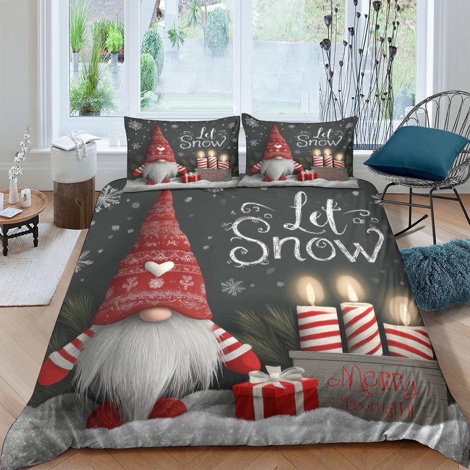 Ctjqhvkz Style-5 3D Printed Christmas Gnome Fitted Sheet Microfiber Soft Red Grey Let It Snow Bed Cover For Bedroom Guest Room Decor Single（135X200cm）
