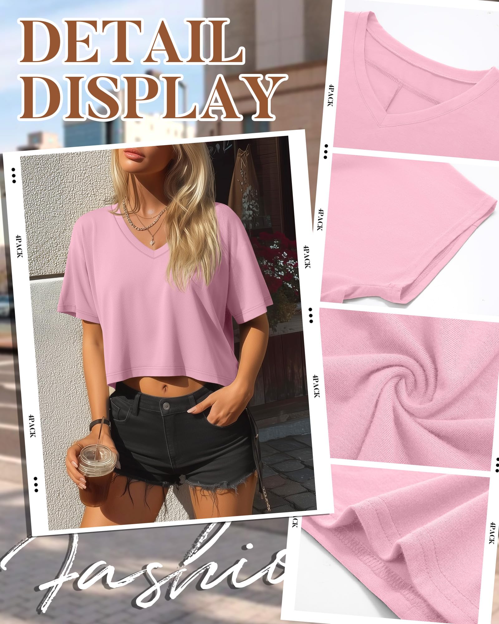 Neer Lot de 4 t-shirts courts surdimensionnés pour femme, col en V, manches courtes, ourlet irrégulier, haut baggy