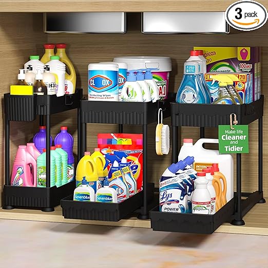 3 Pack Under Sink Organizers, 2-Tier Multi-Use Kitchen and Bathroom Organizers and Storage with Sliding Drawers,Bathroom Cabinet Organizer (Black, 12.8 Inch)