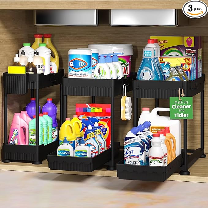 3 Pack Under Sink Organizers, 2-Tier Multi-Use Kitchen and Bathroom Organizers and Storage with Sliding Drawers,Bathroom Cabinet Organizer (Black, 12.8 Inch)