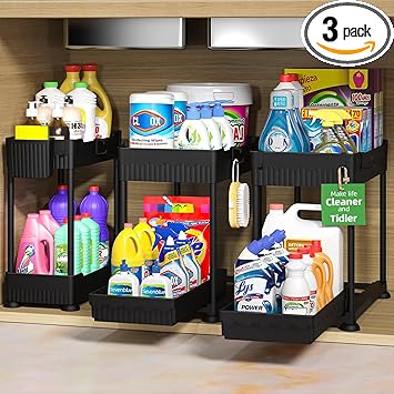 3 Pack Under Sink Organizers, 2-Tier Multi-Use Kitchen and Bathroom Organizers and Storage with Sliding Drawers,Bathroom Cabinet Organizer (Black, 12.8 Inch)