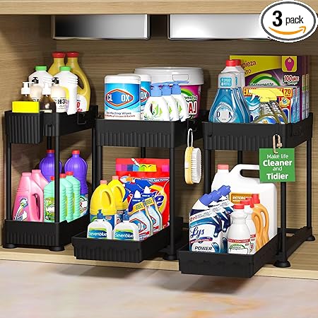 3 Pack Under Sink Organizers, 2-Tier Multi-Use Kitchen and Bathroom Organizers and Storage with Sliding Drawers,Bathroom Cabinet Organizer (Black, 12.8 Inch)