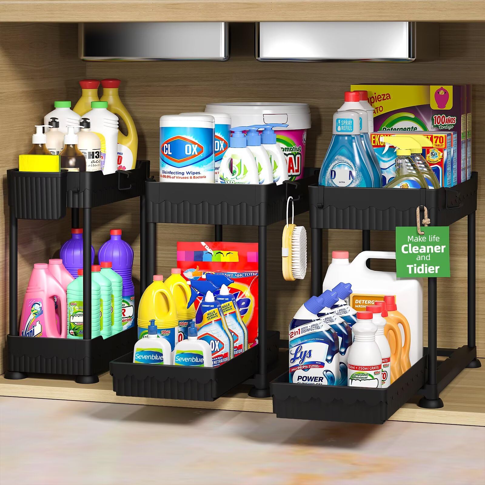 Sevenblue 3 Sets of Under Sink Organizers, 2-Tier Multi-Use Kitchen and Bathroom Organizers and Storage with Sliding Drawers，Bathroom Cabinet Organizer (Black)