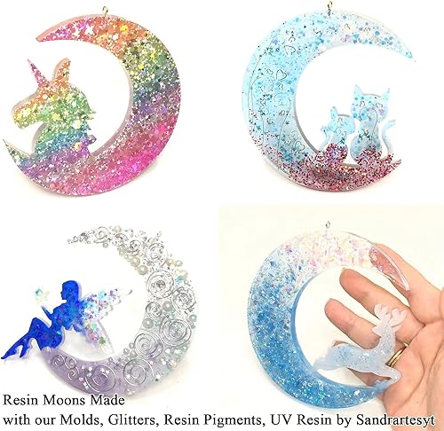 Miniatura 5 de Moldes de silicona de resina de luna creciente, fundición epoxi, unicornio, ciervo, gato, hada, 4 unidades, grande, 5.2 pulgadas