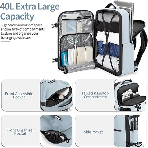 Miniatura 5 de RDTGO Mochila para laptop, para hombres y mujeres, mochila de viaje 40L, Azulclaro, Vacaciones