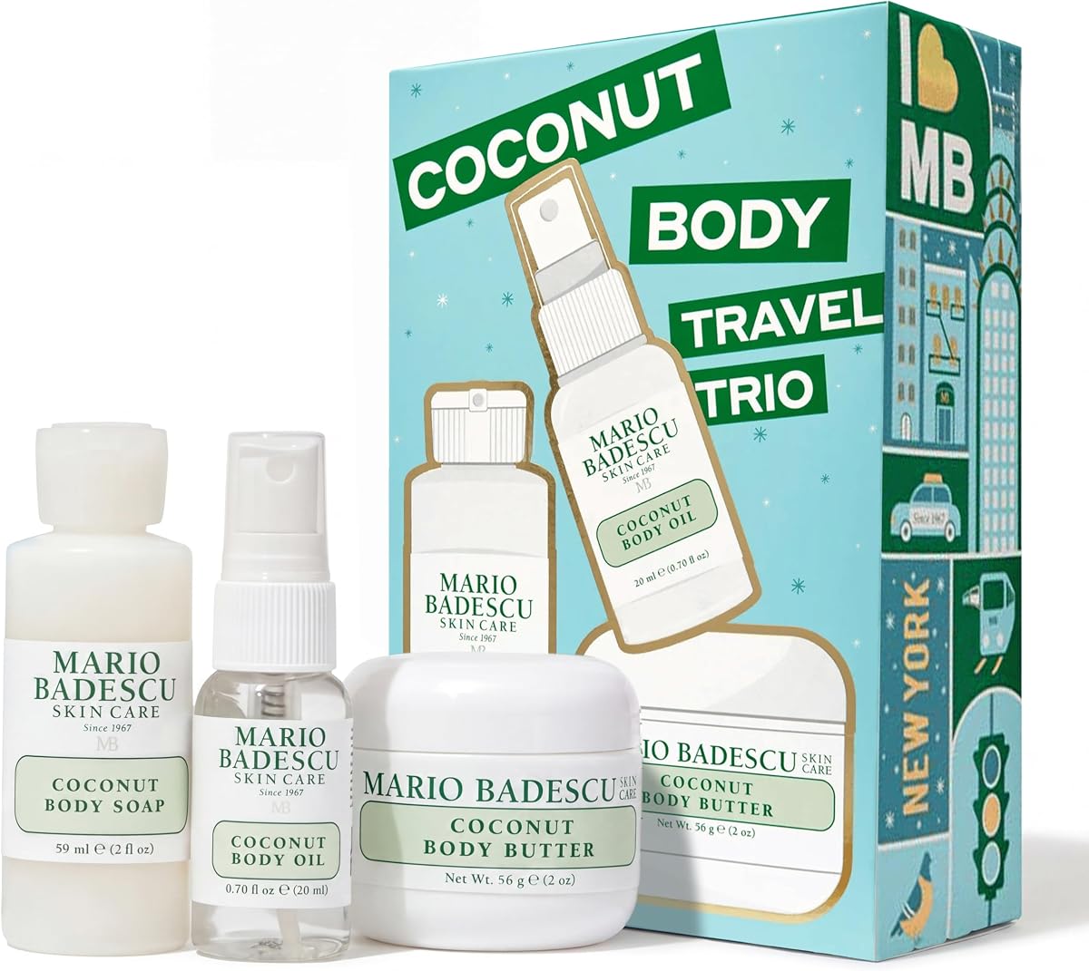 Mario Badescu Coconut Body Travel Trio – Coconut Body Wash, Body Butter & Body Oil Spray with Shea Butter, Argan Oil & Aloe for Soft, Smooth, Nourished, Radiant Skin