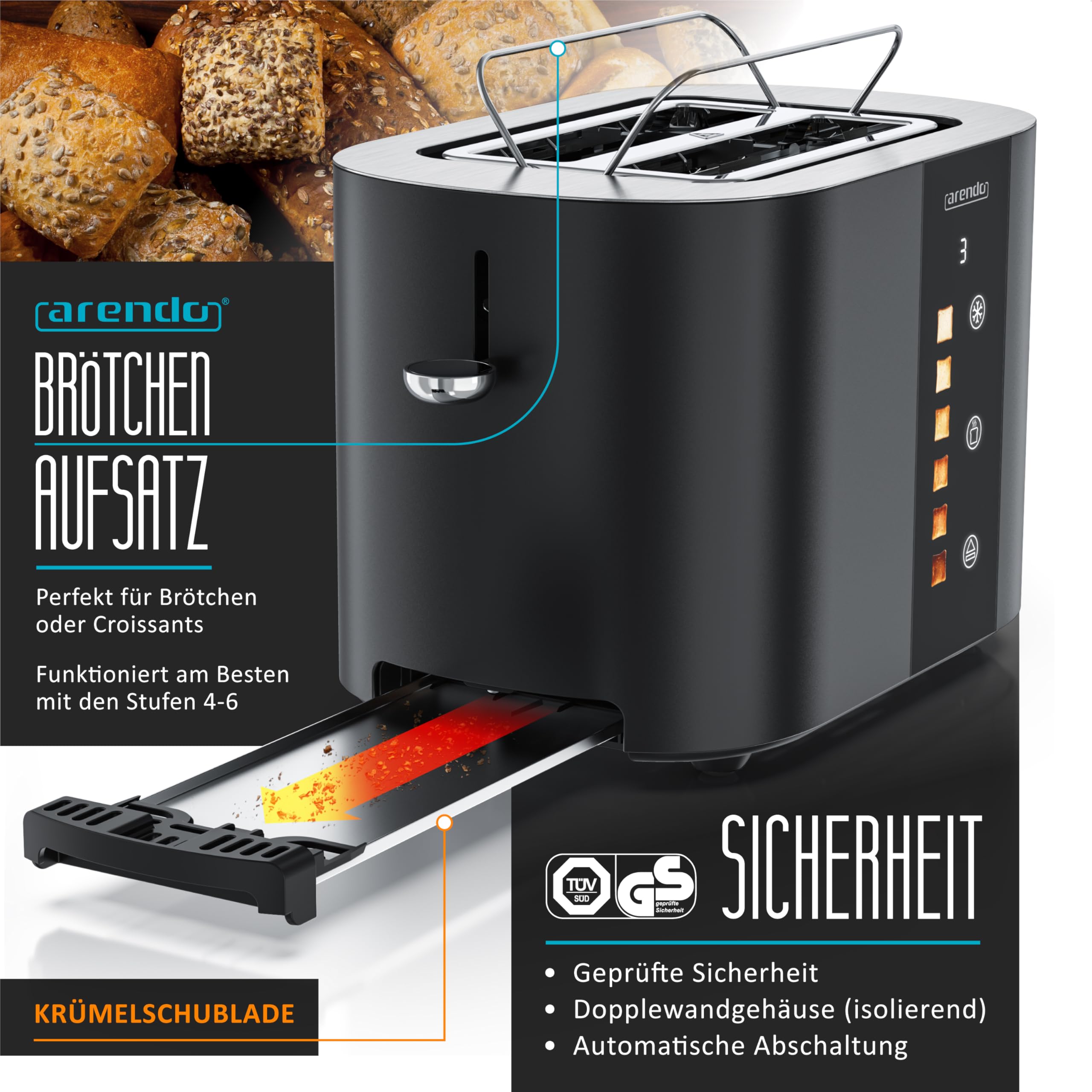 Arendo - Edelstahl Toaster 2 Scheiben - Touchscreen – Doppelwandgehäuse – 800 W – Integrierter Brötchenaufsatz – 6 Bräunungsgrade – Brotzentrierung – Restzeitanzeige – Memoryfunktion