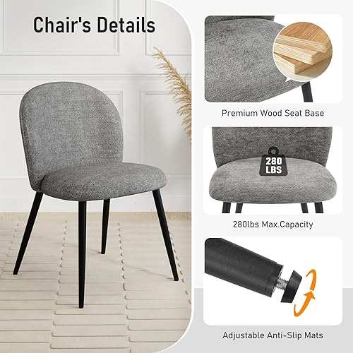 Vista 3 de Juego de 2 sillas de comedor tapizadas, modernas sillas auxiliares de cocina con asiento acolchado, cómodas patas de tela de chenilla, silla de Gris