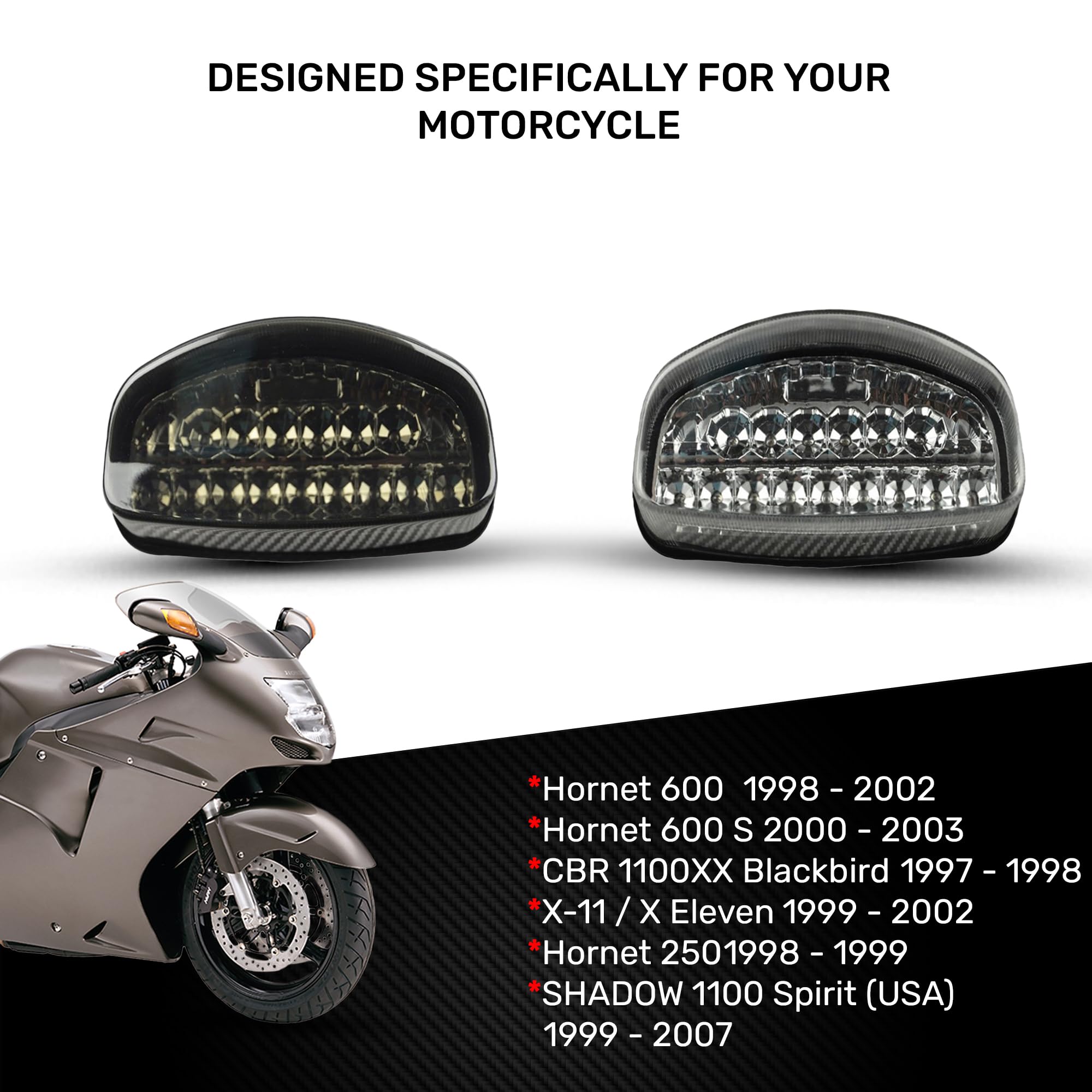 avdb-moto Światło tylne/stop LED kompatybilne z HONDA Shadow 1100 Spirit (USA) 1999-2007, HORNET 250 MC31 1998-1999, CB600F CB HORNET 600 PC34 1998-2002 + Wbudowane kierunkowskazy (Jasna biel)