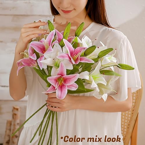 Miniatura 6 de 6 flores artificiales de lirio, rama de lirio de tigre de tallo largo de 23 pulgadas con 2 flores completas y 1 brote, flor de lirio de látex de