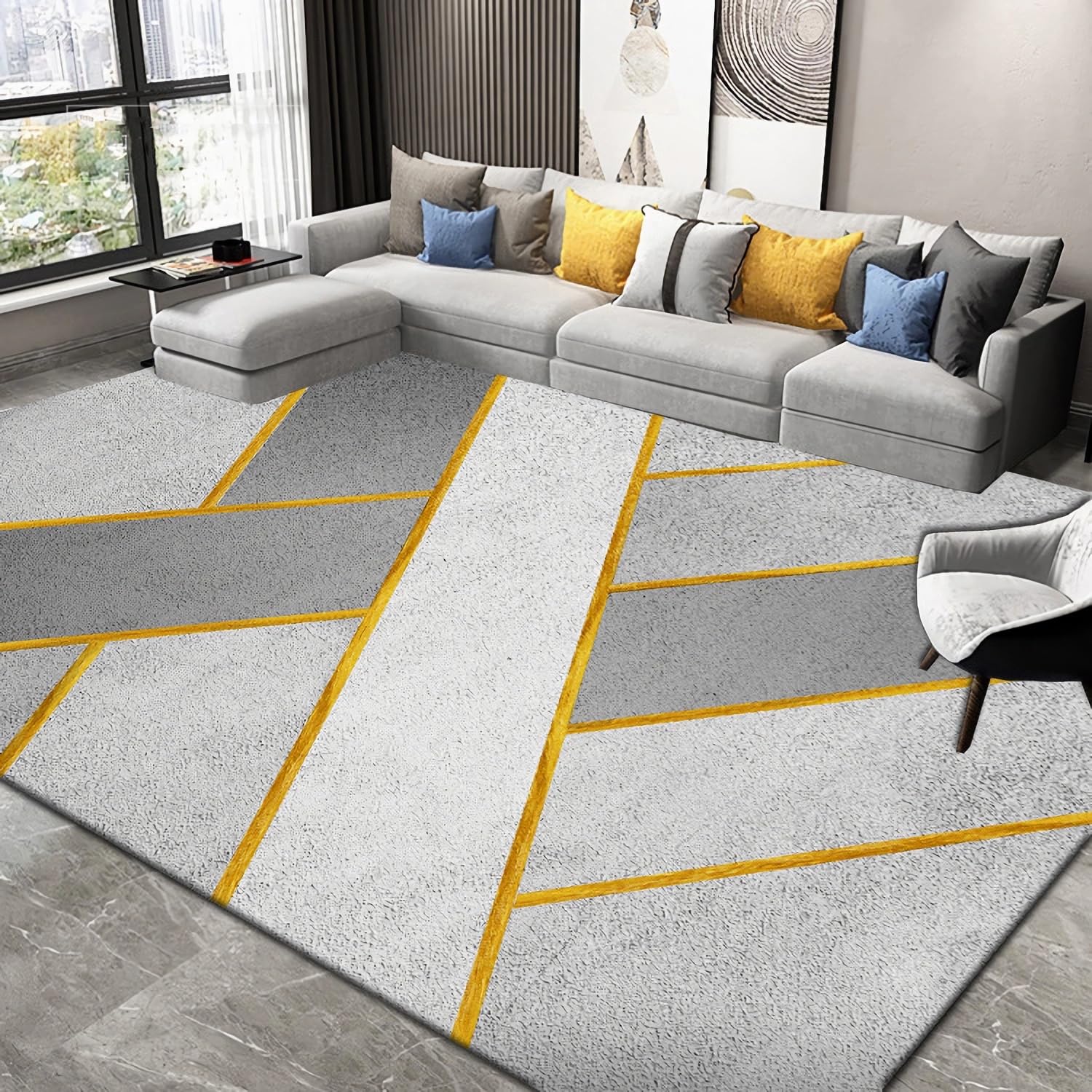 Tappeto ufficio Tappeto Lavabile Anti-scolorimento Disegno Geometrico A Righe Gialle Grigie,tappeti scendiletto tappeto entrata,60x160cm