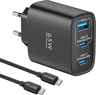 65W Chargeur USB C Rapide, 3-Ports Prise USB C GaN Tech PD3.0 PPS avec 60W Câble pour iPhone 17 16 15 14 13 Pro Max, pour MacBook M4 M3 M2, pour Galaxy S25 S24 S23 Note Pixel 9 8 7 iPad Air/Pro, Noir