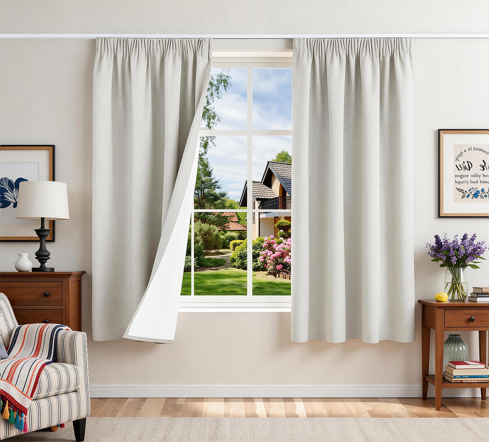 Rideaux pour rail de chambre et salon occultants thermiques beige clair effet lin 140x145cm