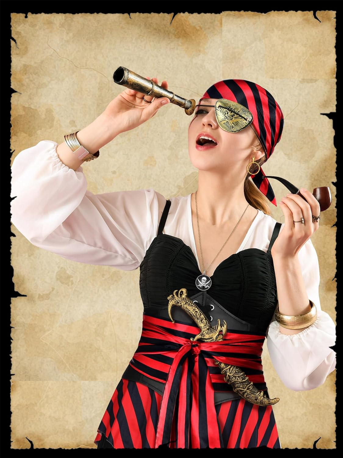 9 Pcs Adult Pirate Costume Women Pirate Skirt with Head Scarf Waist Belts Fishnet Stockings Corset Eye Patch Earrings Necklace Plastic Knife Accessories for Halloween Cosplay Party - Image 4