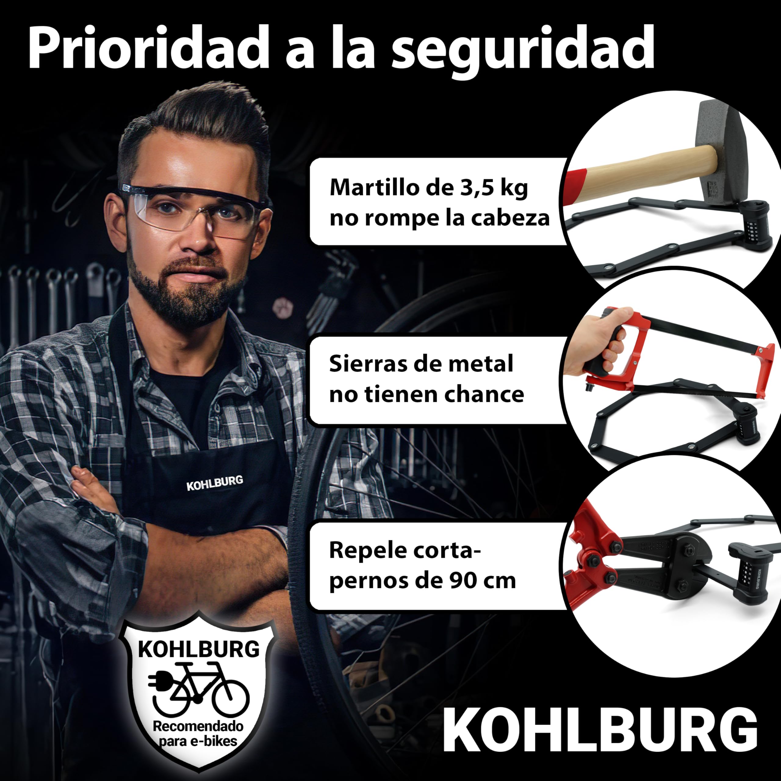 KOHLBURG Candado de bicicleta de combinación con código | 101 cm de largo | Repele cortapernos, código de 5 cifras, candado plegable con soporte, alta seguridad, para bicicleta, scooter y e-bike