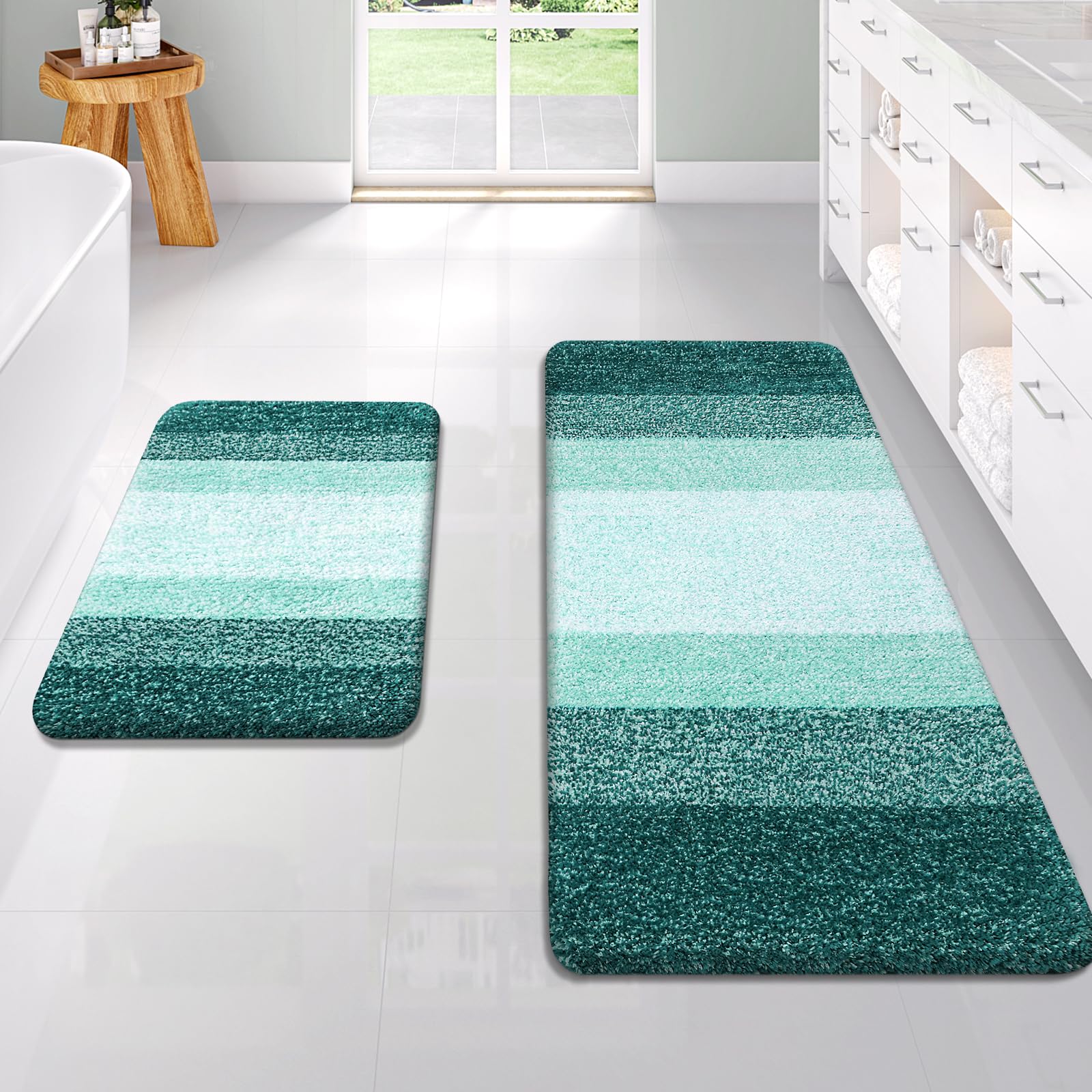 OLANLY Bathroom Rug Set 2 Piece, Soft Absorbent Microfiber Bath Rug Set, Non-Slip, Machine Wash Dry, Plush Shaggy Bath Mats for Bathroom (47"x20"+24"x16", Blackish Green) — image 1