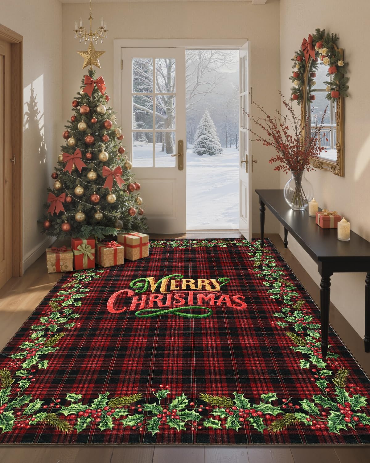 GarveeHome Christmas Red Checkered Rug for Bedroom, 4x6 Area Rugs for Living Room with Soft Low Pile, Christmas Holly Washable Rug for Dining Room,