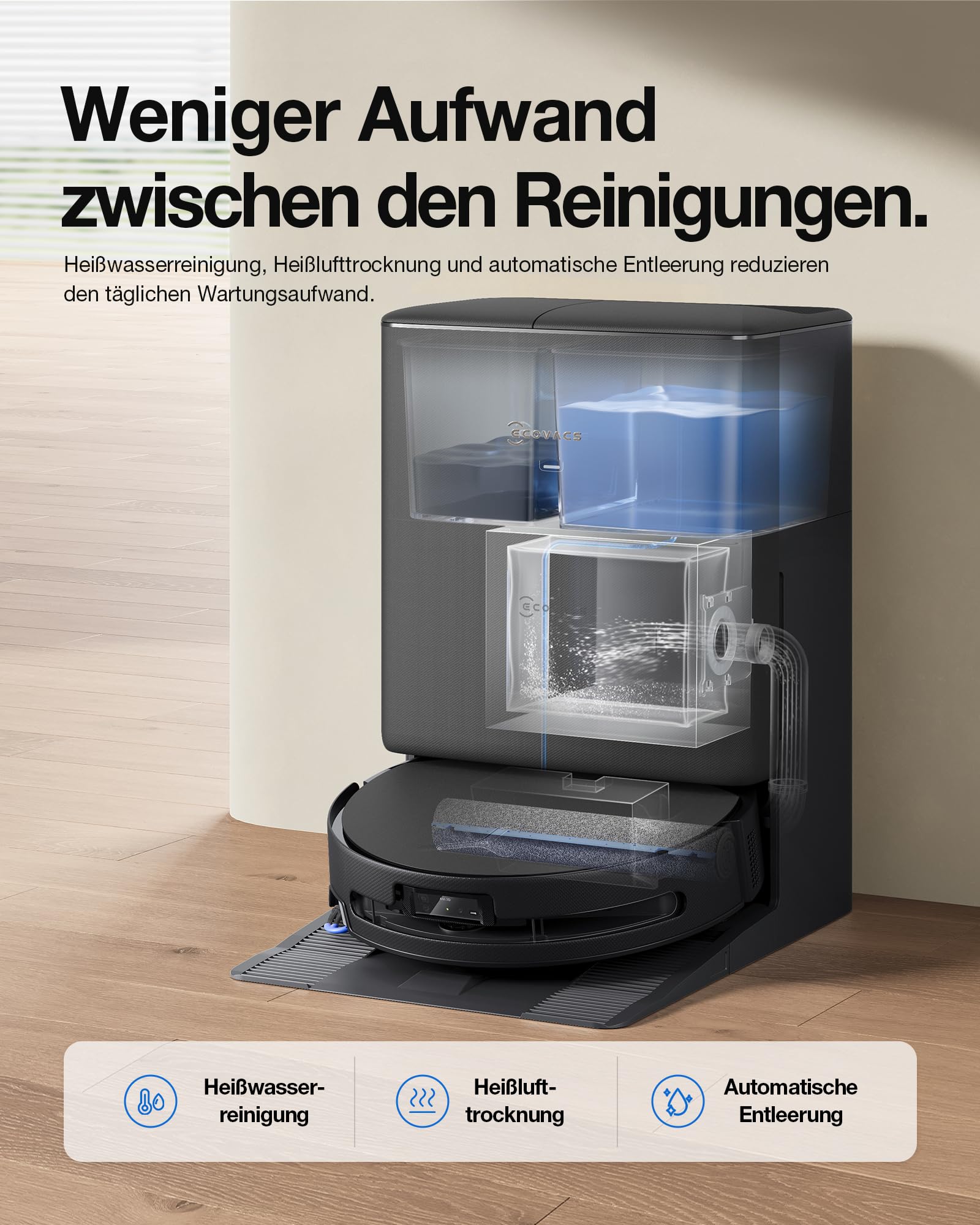 ECOVACS DEEBOT T90 PRO Omni Saugroboter mit Wischfunktion, Roboterstaubsauger 30.000 Pa, Schnellladen mit PowerBoost, OZMO Roller 3.0 mit TruEdge, automatische Dosierung der Reinigungslösung, Schwarz