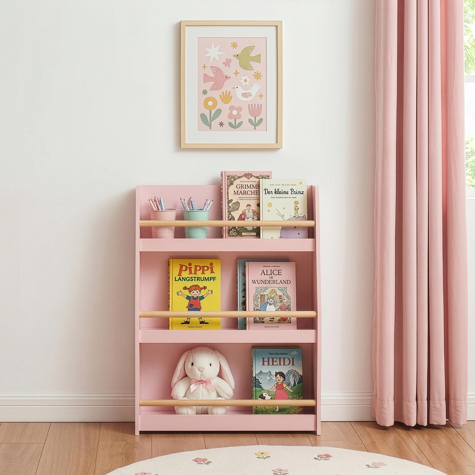 [en.casa] Libreria Montessori per Bambini a 3 Scomparti Aperti con Barra Scaffale Frontale Libri Quaderni Giocattoli per Cameretta Angolo Lettura 78 x 60 x 18 cm - Rosa