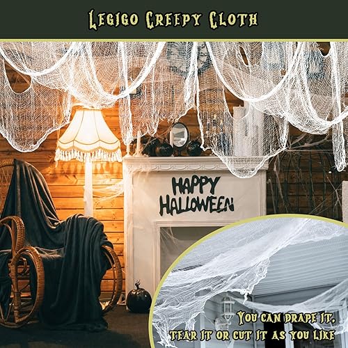 Miniatura 11 de Legigo Paquete de 12 paños espeluznantes de Halloween (30 x 72 pulgadas), gasa espeluznante para fiesta de Halloween, suministros de fiesta de Negro