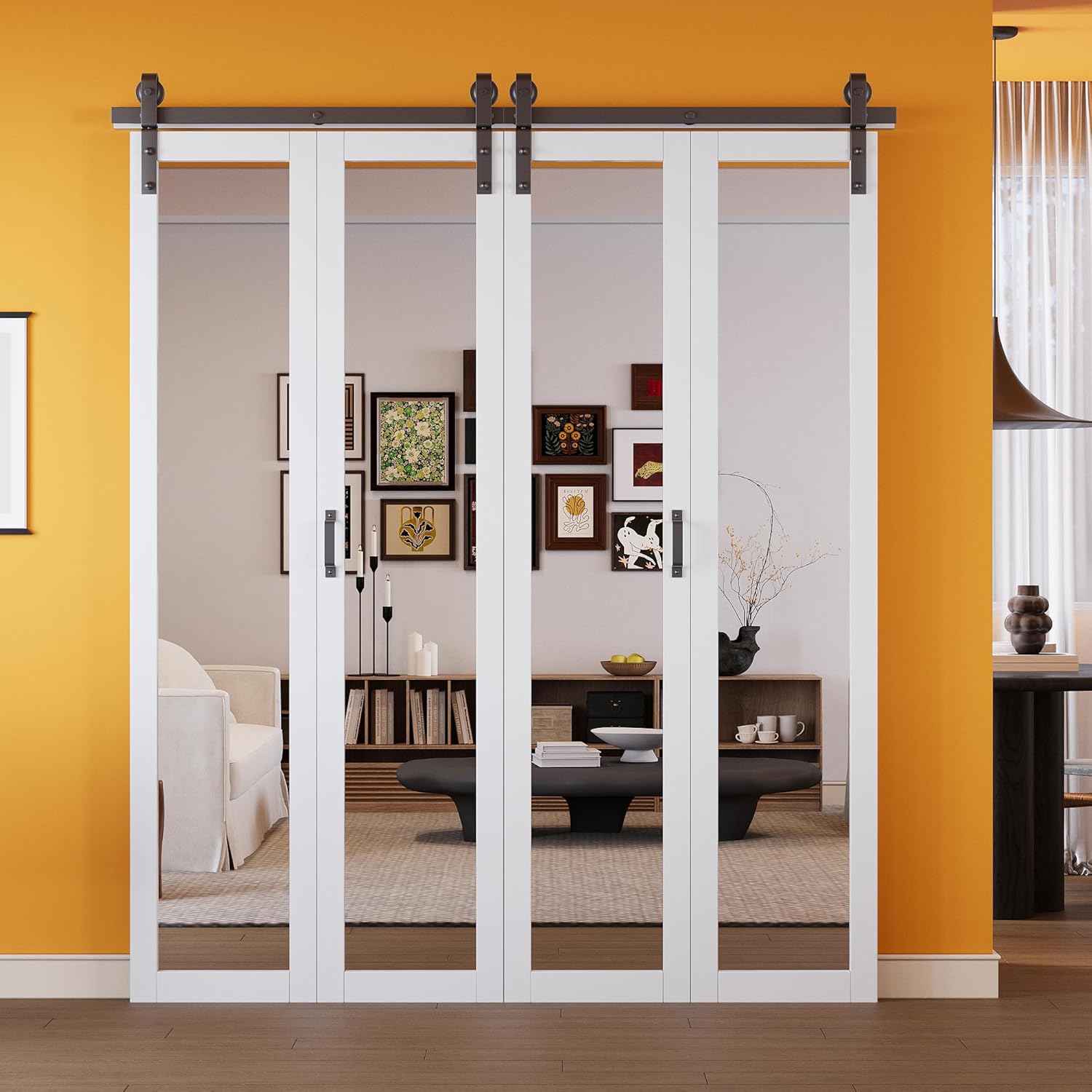 50" x 84" Pre-Assembled Solid Core Panels Bifold Barn Doors, Full-Length Mirrored Folding Barn Door Closet Doors, Paintable Bi Fold Barn Door with Hardware Kit for Interior Pantry Laundry Closet