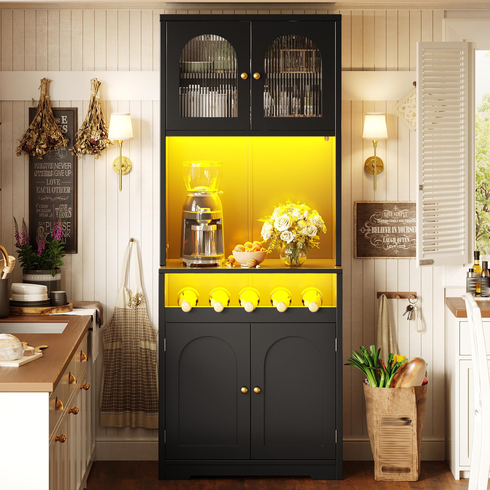 180cm Hoch Küchenschrank mit LED Beleuchtung & Weinregal, Schwarz